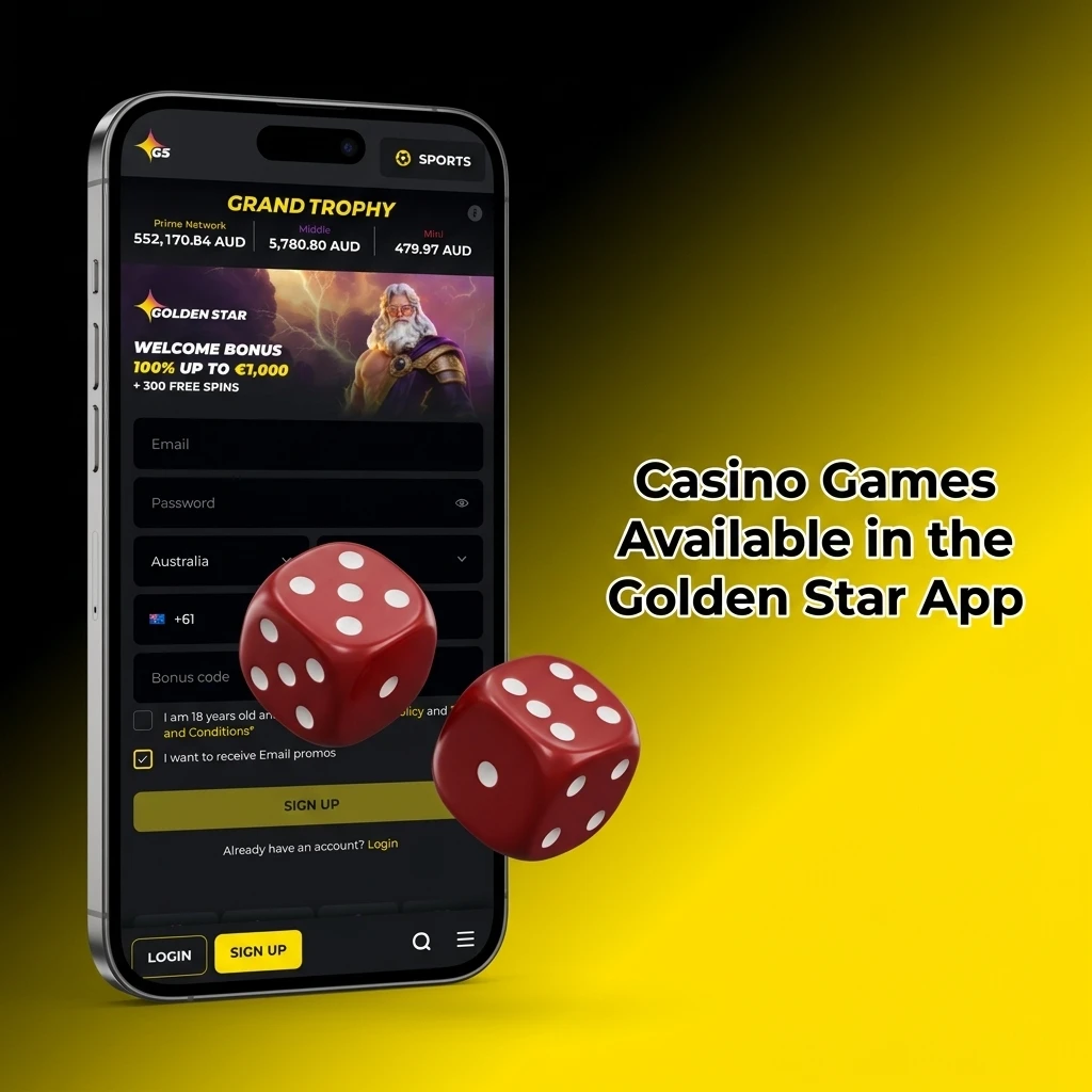 Golden Star mobile app casino games including pokies, live dealer, table games, and jackpot options on touchscreen