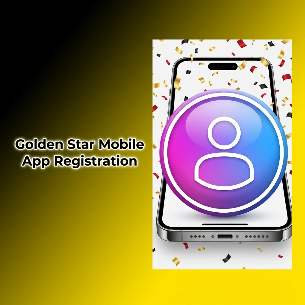 Golden Star mobile app registration steps on a smartphone screen showing sign-up form with email and social login options