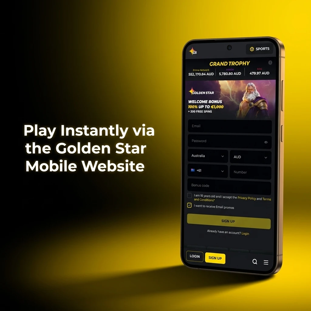 Golden Star mobile website displayed on a smartphone browser with instant play access, no download required