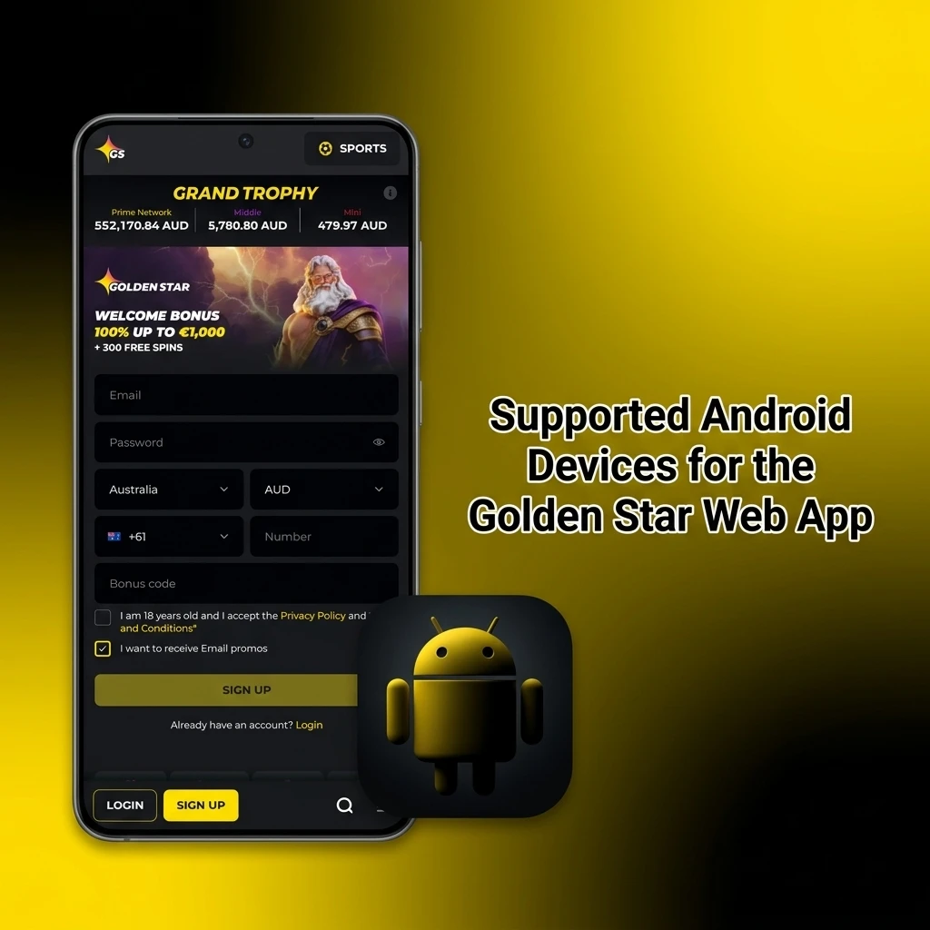 List of supported Android devices for Golden Star PWA including Samsung, Google Pixel, OnePlus, Xiaomi, and more