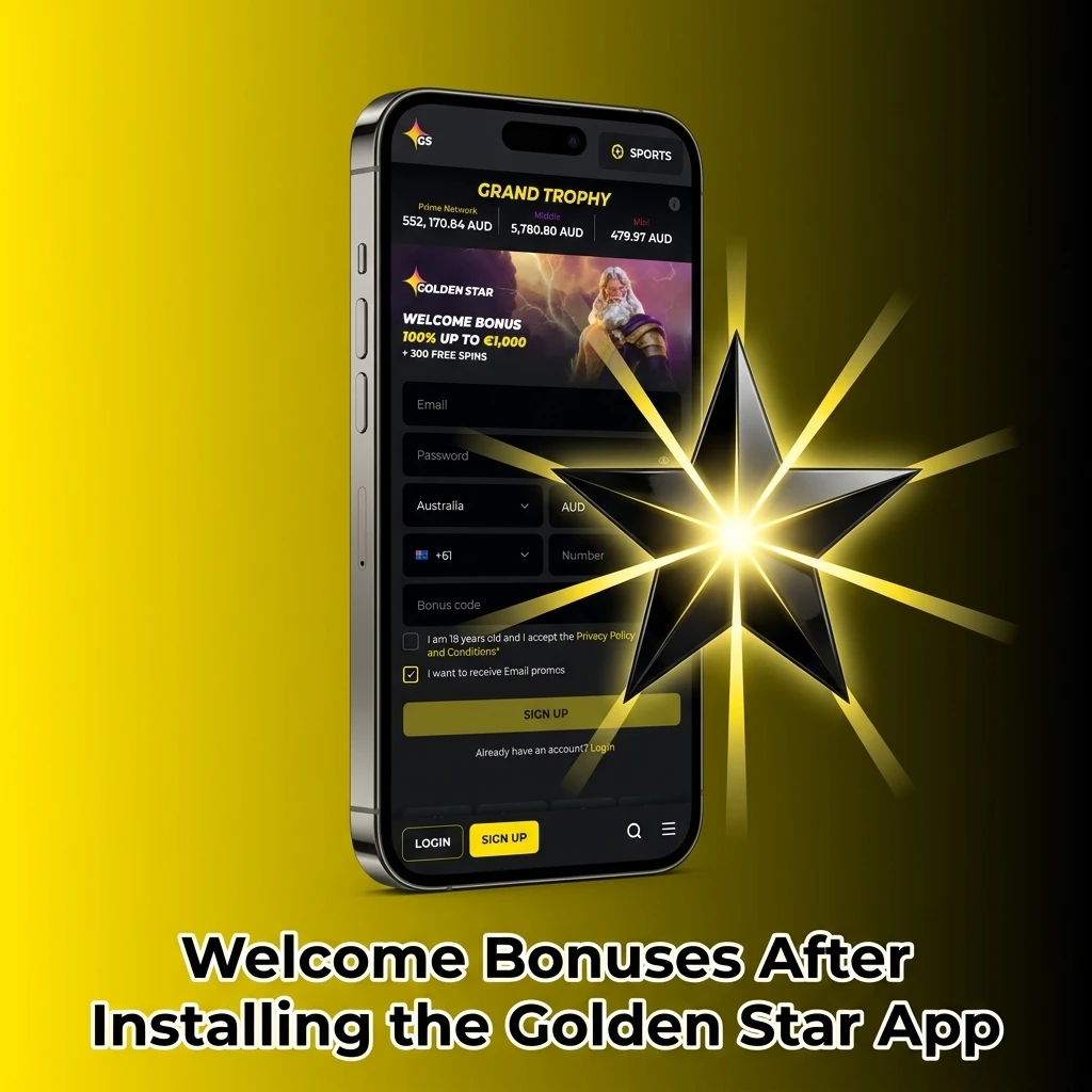 Golden Star mobile app welcome bonus offering 100% up to AUD 1,600 plus 300 free spins for Australian players