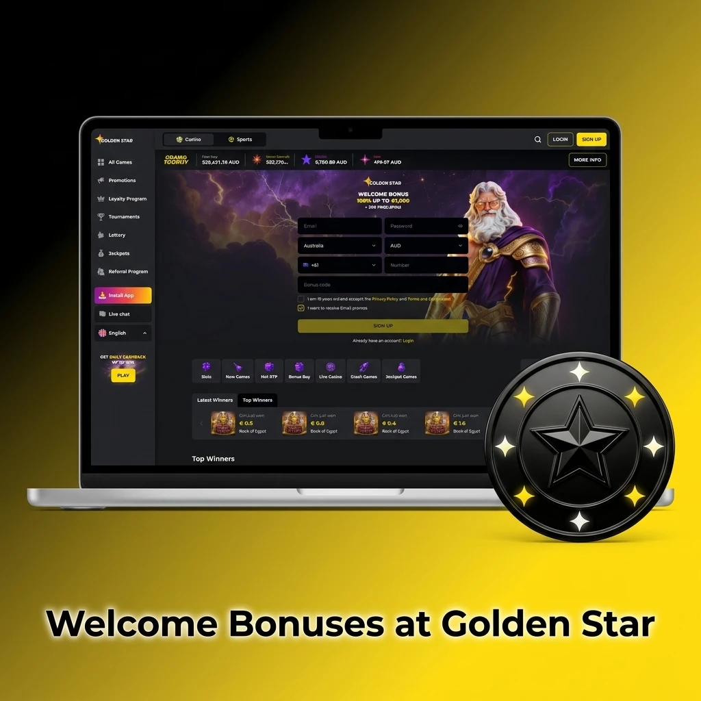 Golden Star Casino welcome bonus offer of 100% up to AUD 1,600 plus 300 free spins for Australian players
