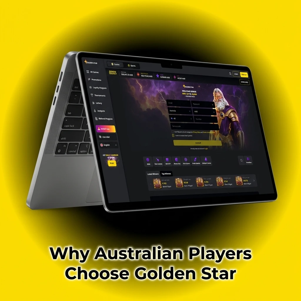 Golden Star casino platform for Australian players showing sports betting, casino games, mobile app and secure account features